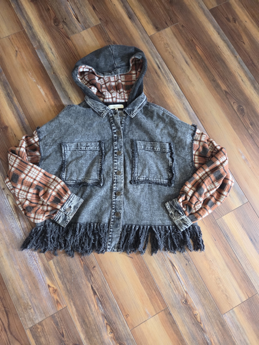 Gilded Intent Gray Washed Denim Hooded Jacket with Orange Plaid Sleeves